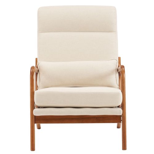 Chic Off-White High Back Linen Armchair with Solid Wood & Iron Frame