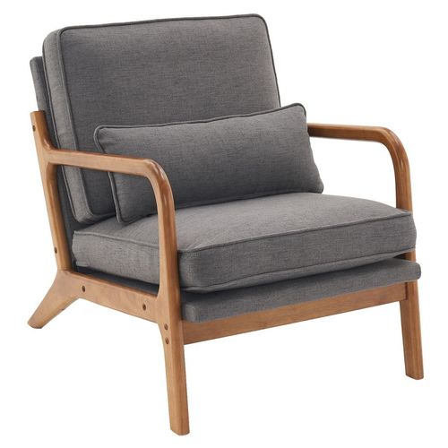 Mid-Century Modern Dark Grey Upholstered Oak Armrest Lounge Chair