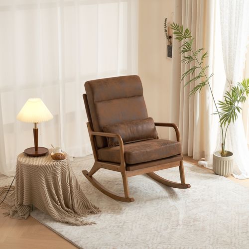 Ergonomic Solid Wood Indoor Rocking Chair with Orange Bronzing Cloth Accent