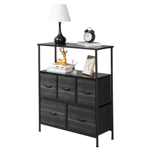 Stylish 5-Drawer Non-Woven Storage Cabinet with Top Shelf - Black Wood Grain Finish