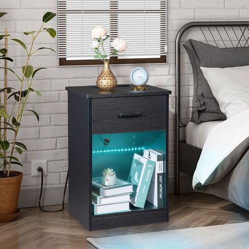 FCH Modern LED Bedside Table with Drawer & Socket - Stylish Black Nightstand