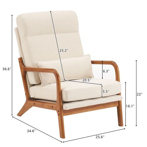 Chic Off-White High Back Linen Armchair with Solid Wood & Iron Frame