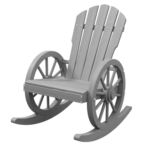 Cozy Gray Garden Rocking Chair with Unique Wagon Wheel Armrests