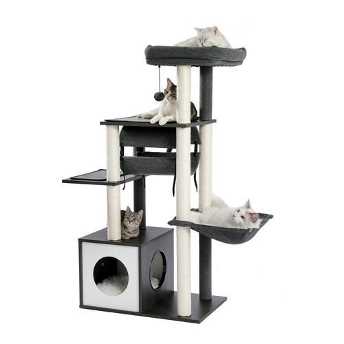 Deluxe 6-Level Cat Tree Tower with Cozy Hammock & Swing Tunnel - Grey