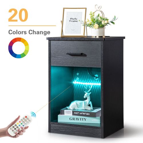 FCH Modern LED Bedside Table with Drawer & Socket - Stylish Black Nightstand