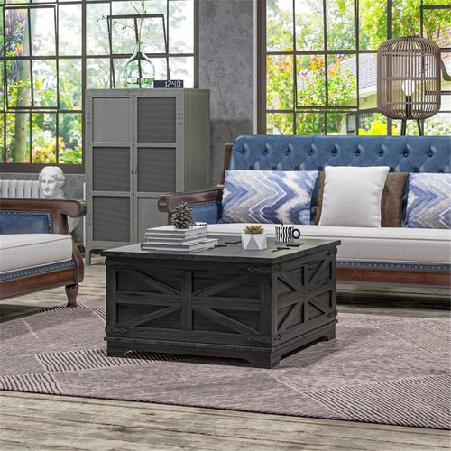 Chic Distressed Black Coffee Table with Hidden Storage & Farmhouse Charm