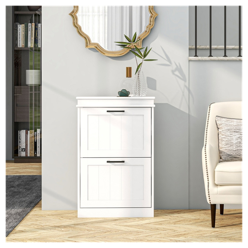 Elegant White Shoe Storage Cabinet with Tilt-Out Drawers – Space-Saving Design