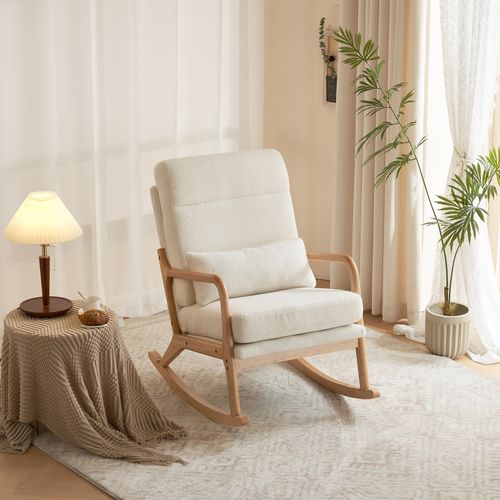 Modern Ergonomic Off-White Teddy Fleece Rocking Chair with Solid Wood Frame