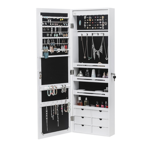 Elegant White Wooden Jewelry Cabinet with LED Lights & 4-Layer Shelf Storage