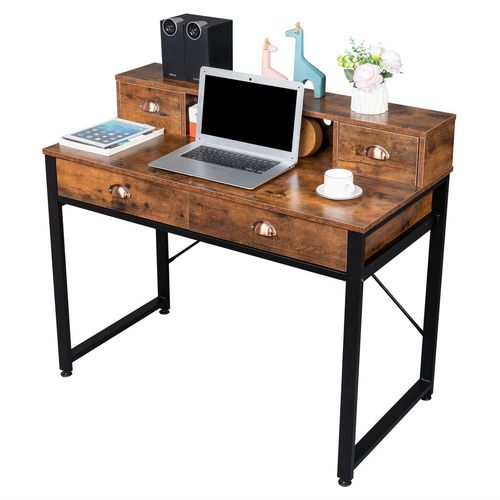 Stylish Old Wood Computer Desk with Black Steel Frame & Ample Storage Drawers