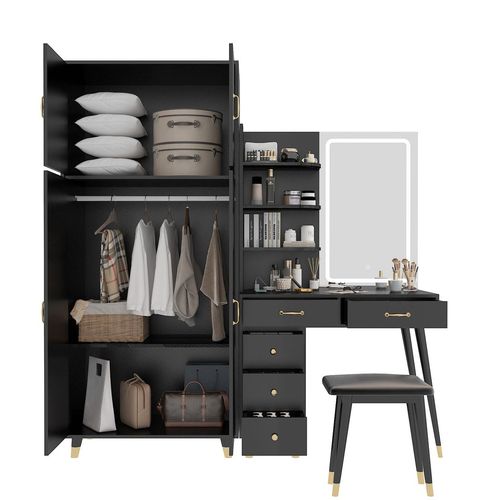 Chic Dual Makeup Vanity & Armoire Wardrobe Set with LED Mirror - Black