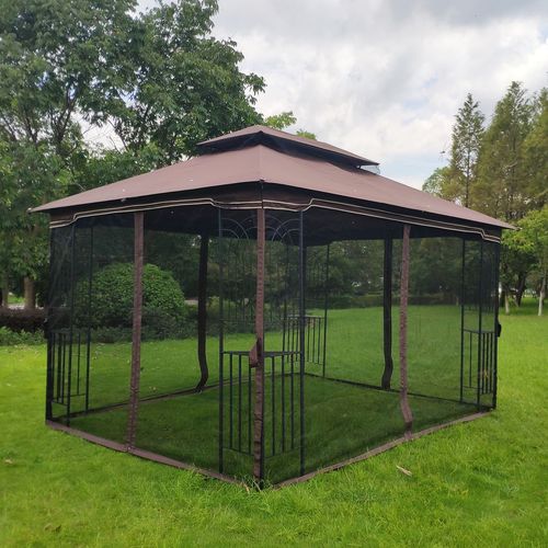 Spacious 13x10 Outdoor Gazebo Canopy with Mesh Netting & Double Roof - Brown