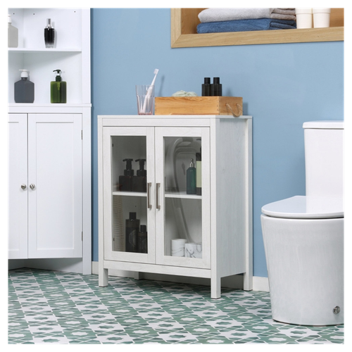 Modern White Bathroom Storage Cabinet with Adjustable Shelves & Glass Doors