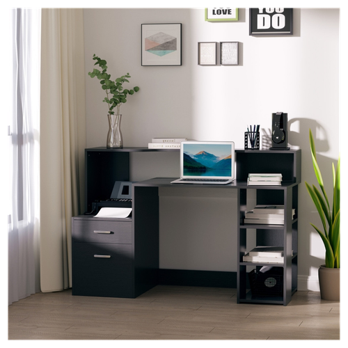 Sleek Black Office Computer Desk with Ample Storage & Space-Saving Design