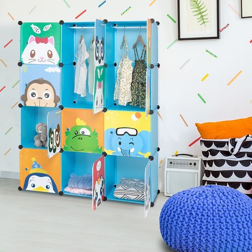 Kids' Animal Patterned Rubik's Cube Wardrobe with 12 Grids & Hanging Rods