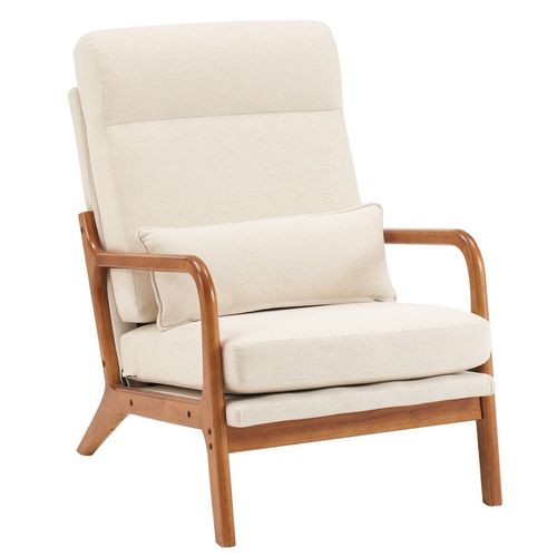 Chic Off-White High Back Linen Armchair with Solid Wood & Iron Frame