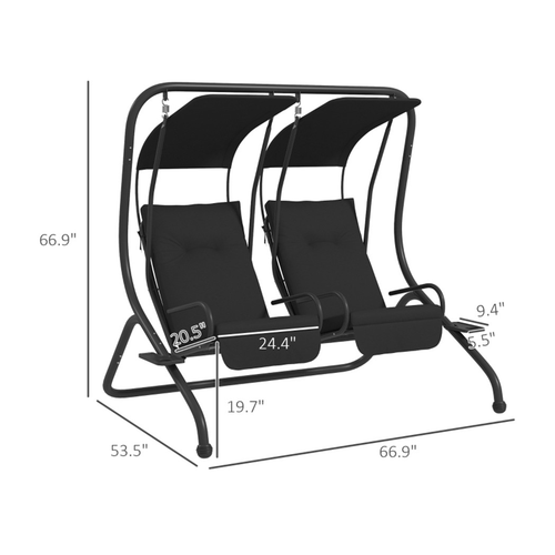 Elegant Black 2-Seater Patio Swing with Canopy and Cup Holders