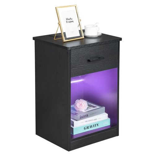 FCH Modern LED Bedside Table with Drawer & Socket - Stylish Black Nightstand