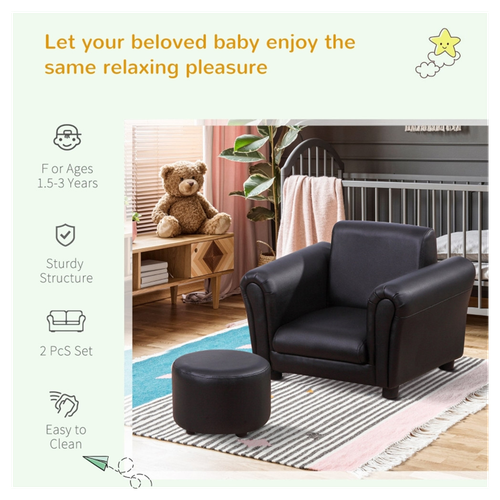 Cozy Kids Black Sofa Set with Footstool - Safe & Stylish Furniture