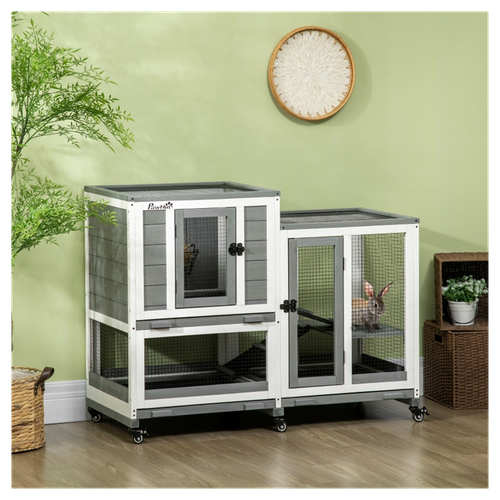 Cozy Rabbit Retreat: Stylish Wooden Cage with Easy-Move Wheels & Secure Latches