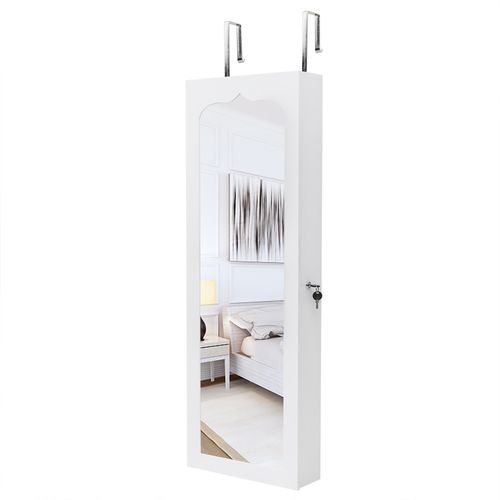 Elegant White Wooden Jewelry Cabinet with LED Lights & 4-Layer Shelf Storage