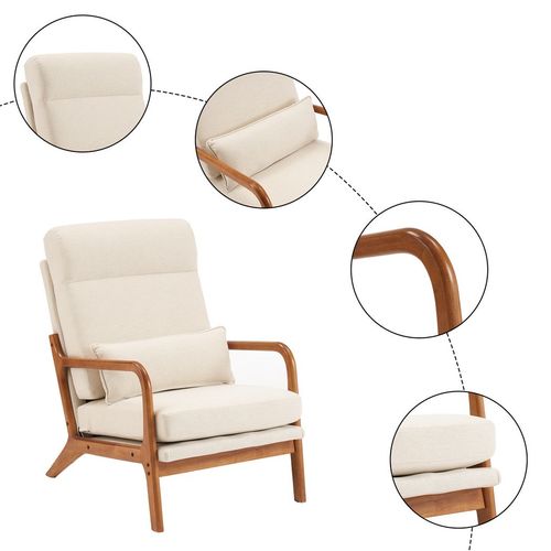 Chic Off-White High Back Linen Armchair with Solid Wood & Iron Frame