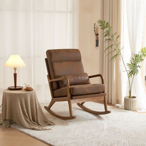 Ergonomic Solid Wood Indoor Rocking Chair with Orange Bronzing Cloth Accent