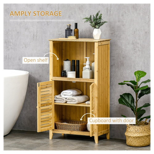 Elegant Bamboo Bathroom Floor Cabinet with Open & Closed Storage