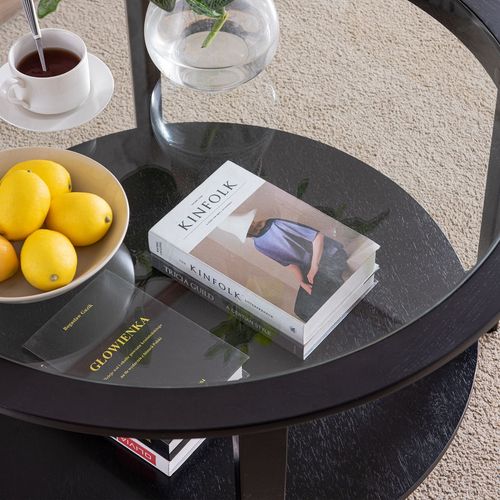 Elegant Round Glass Top Coffee Table with Dual Storage - Sleek Black Design