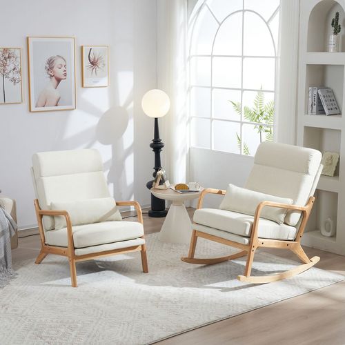 Elegant Off-White High Back Rocking Chair with Dual-Use Armrest & Pillow