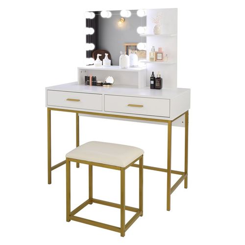 Illuminated Hollywood Vanity Set with LED Mirror, Stool & Ample Storage - White