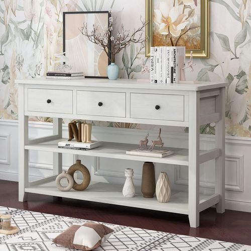 Antique White Console Table with 3 Drawers & 2 Shelves – Rustic Elegance