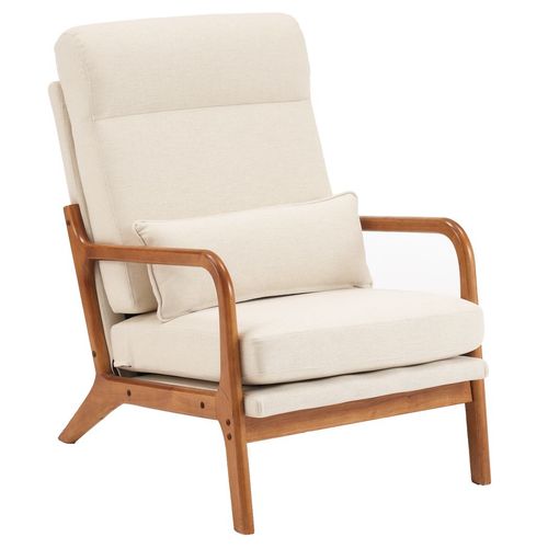 Chic Off-White High Back Linen Armchair with Solid Wood & Iron Frame