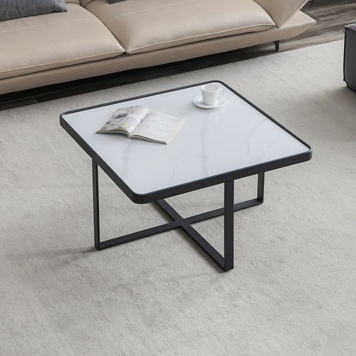 Minimalist Square Coffee Table: Sleek Black Metal Frame, Sintered Stone Top