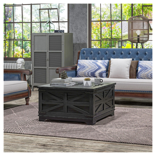 Chic Distressed Black Coffee Table with Hidden Storage & Farmhouse Charm