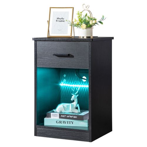 FCH Modern LED Bedside Table with Drawer & Socket - Stylish Black Nightstand