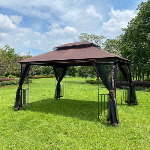 Spacious 13x10 Outdoor Gazebo Canopy with Mesh Netting & Double Roof - Brown