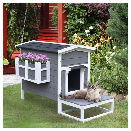 Charming Wooden Cat House with Porch & Balcony - Perfect Outdoor Shelter