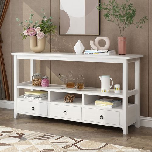 Charming 3-Tier Vintage Console Table with Drawers & Shelves - White Finish