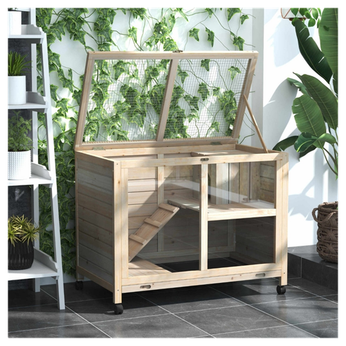 Natural Wood Rabbit Hutch with Window & Wheels - Cozy Pet Cage