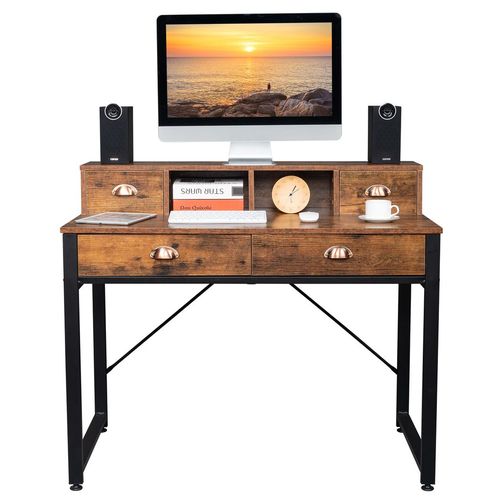 Stylish Old Wood Computer Desk with Black Steel Frame & Ample Storage Drawers