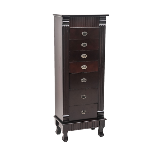 Sleek Brown Standing Jewelry Armoire with Makeup Mirror & 7 Drawer Organizer