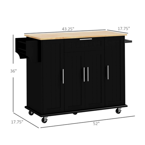 Elegant Black Kitchen Cart with Storage - Modern Rolling Island Cabinet