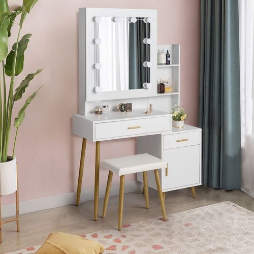 FCH Particleboard Triamine Veneer 2 Drawers 1 Door 2 Shelves Mirror Cabinet 3 Light Bulbs Dressing Table Set White