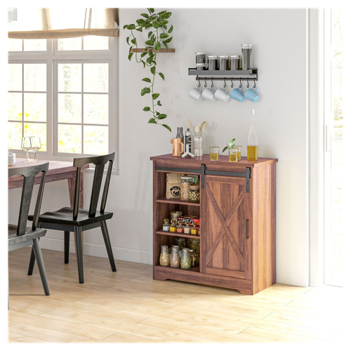 Rustic Brown Kitchen Sideboard with Sliding Barn Door & Adjustable Storage