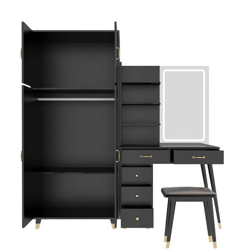 Chic Dual Makeup Vanity & Armoire Wardrobe Set with LED Mirror - Black