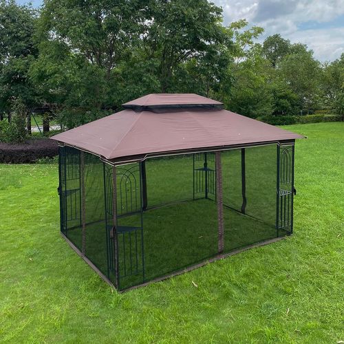 Spacious 13x10 Outdoor Gazebo Canopy with Mesh Netting & Double Roof - Brown