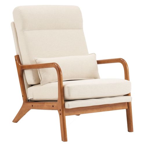 Chic Off-White High Back Linen Armchair with Solid Wood & Iron Frame