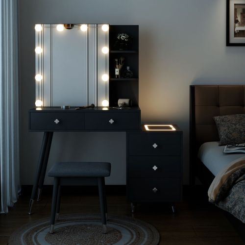 Elegant LED Dressing Table Set with Triamine Coating & Solid Wood Legs