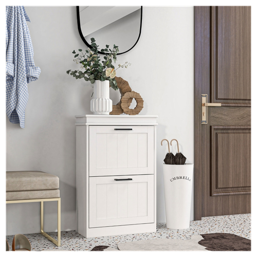 Elegant White Shoe Storage Cabinet with Tilt-Out Drawers – Space-Saving Design